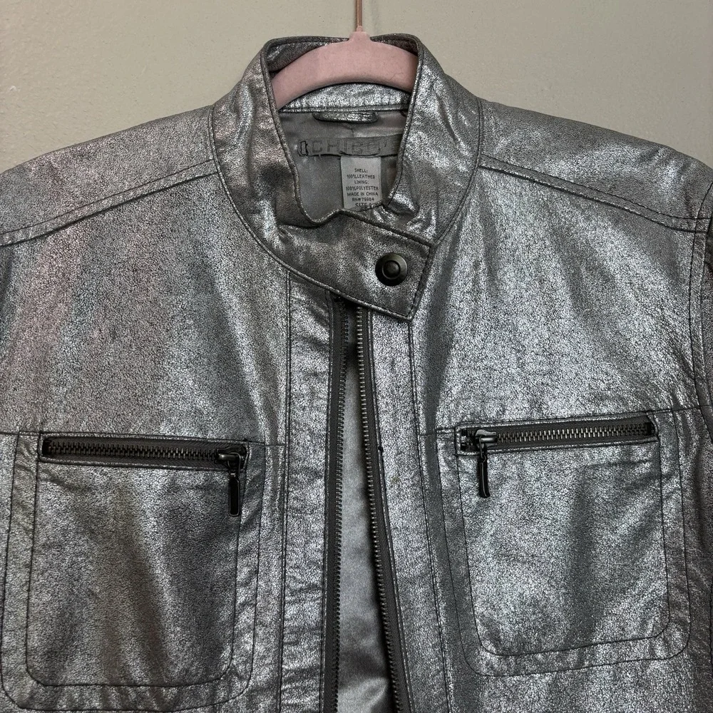 Chico's Lavish Luster Metallic Silver Leather Motorcycle‎ Jacket Sz 1 Medium Y2K